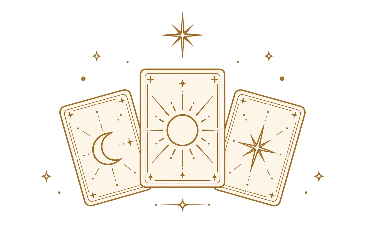 Three illustrated tarot cards with a moon, sun and star