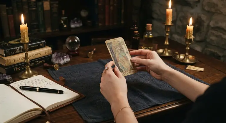 Candlelit reading desk with hands holding a tarot card over linen