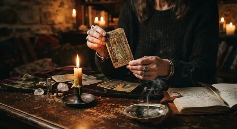 Hands holding a tarot card over a candlelit table