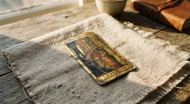 Raw linen and tarot card in sunlight