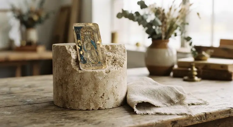 Tarot card and linen swatch on a stone pedestal