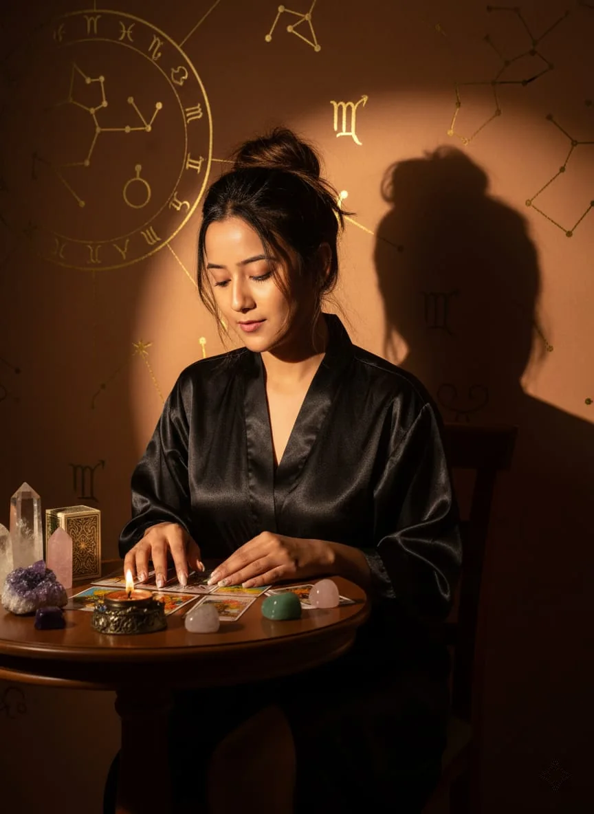 Namrata Thakuri beside a spread of tarot cards